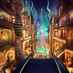 A fantastical magic mall filled with luminous, spiraling escalators, shops selling mystical artifacts, dazzling light displays, enchanted creatures wandering around, and an enchanted fountain in the center.