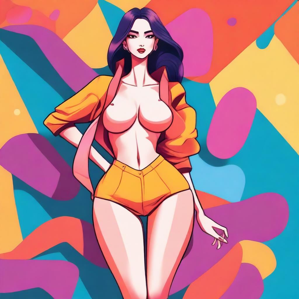 A stylized illustration featuring a character with exaggerated long legs and large breasts, drawn in a tasteful and artistic manner