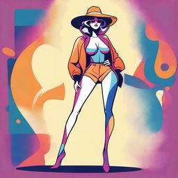 A stylized illustration featuring a character with exaggerated long legs and large breasts, drawn in a tasteful and artistic manner