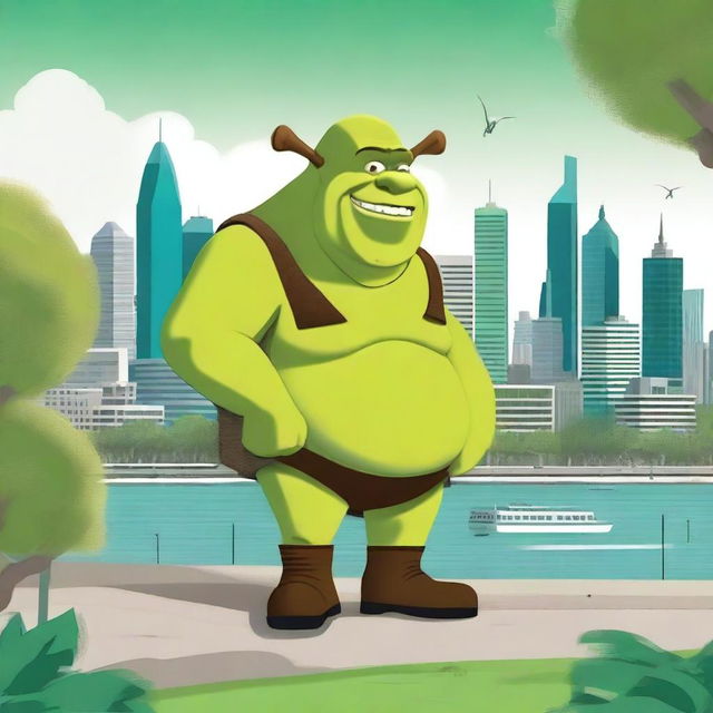 A detailed illustration of Shrek, the iconic green ogre, exploring the city of Perth in Western Australia