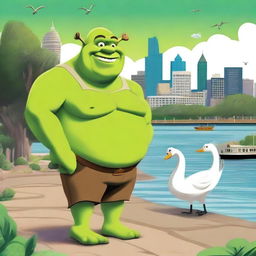 A detailed illustration of Shrek, the iconic green ogre, exploring the city of Perth in Western Australia