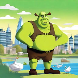 A detailed illustration of Shrek, the iconic green ogre, exploring the city of Perth in Western Australia