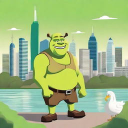 A detailed illustration of Shrek, the iconic green ogre, exploring the city of Perth in Western Australia