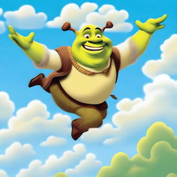 A whimsical illustration of Shrek flying through the sky with a joyful expression