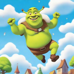 A whimsical illustration of Shrek flying through the sky with a joyful expression