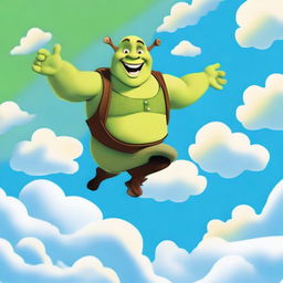 A whimsical illustration of Shrek flying through the sky with a joyful expression