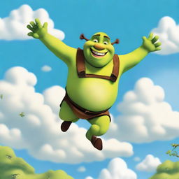 A whimsical illustration of Shrek flying through the sky with a joyful expression