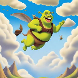 A whimsical illustration of Shrek flying on the back of a kangaroo through the sky