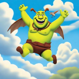 A whimsical illustration of Shrek flying on the back of a kangaroo through the sky