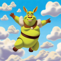 A whimsical illustration of Shrek flying on the back of a kangaroo through the sky