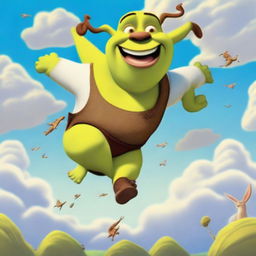 A whimsical illustration of Shrek flying on the back of a kangaroo through the sky