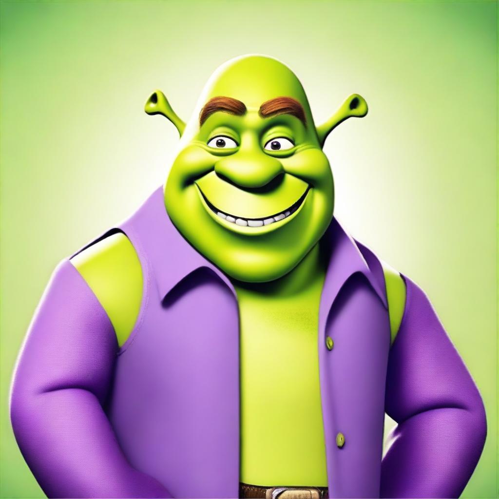 A fun and quirky illustration of Shrek with purple skin instead of his usual green