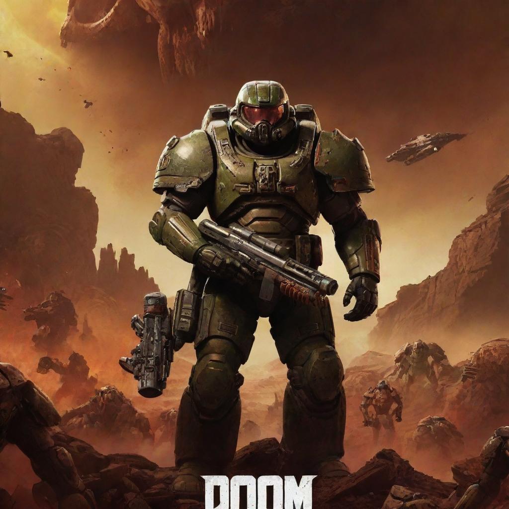 A cinematic poster for a movie adaptation of the video game Doom. Show a heavily armed space marine, monstrous creatures, and a foreboding Mars landscape.