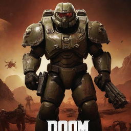 A cinematic poster for a movie adaptation of the video game Doom. Show a heavily armed space marine, monstrous creatures, and a foreboding Mars landscape.