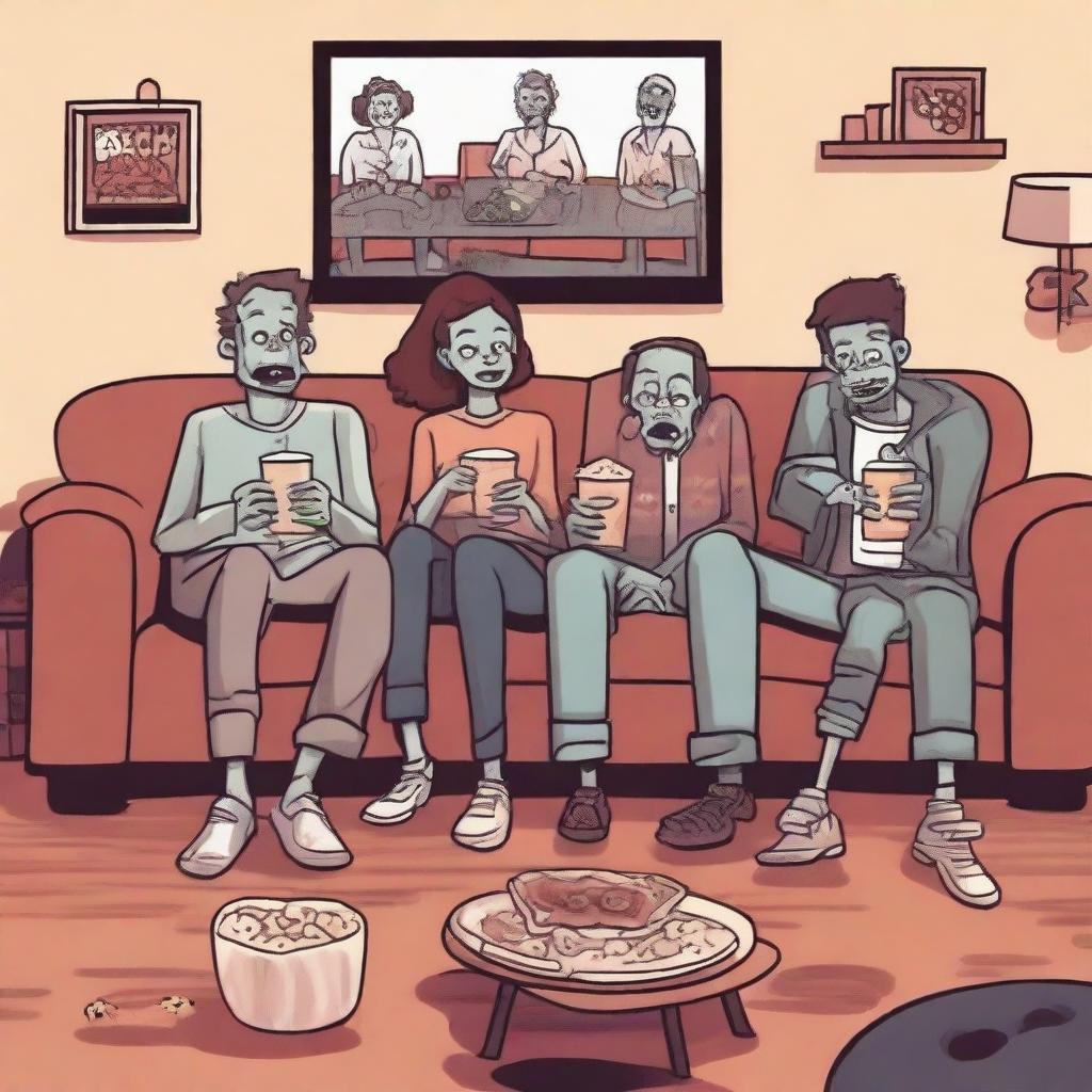 A group of friends having a zombie movie night