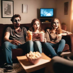 A group of friends having a zombie movie night