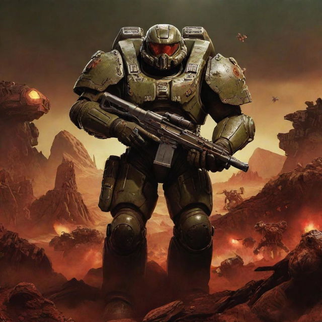 A cinematic poster for a movie adaptation of the video game Doom. Show a heavily armed space marine, monstrous creatures, and a foreboding Mars landscape.