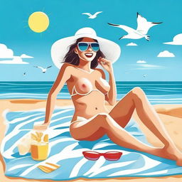 A woman sunbathing on a beach, lying on a towel with sunglasses and a sun hat