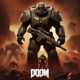 A cinematic poster for a movie adaptation of the video game Doom. Show a heavily armed space marine, monstrous creatures, and a foreboding Mars landscape.