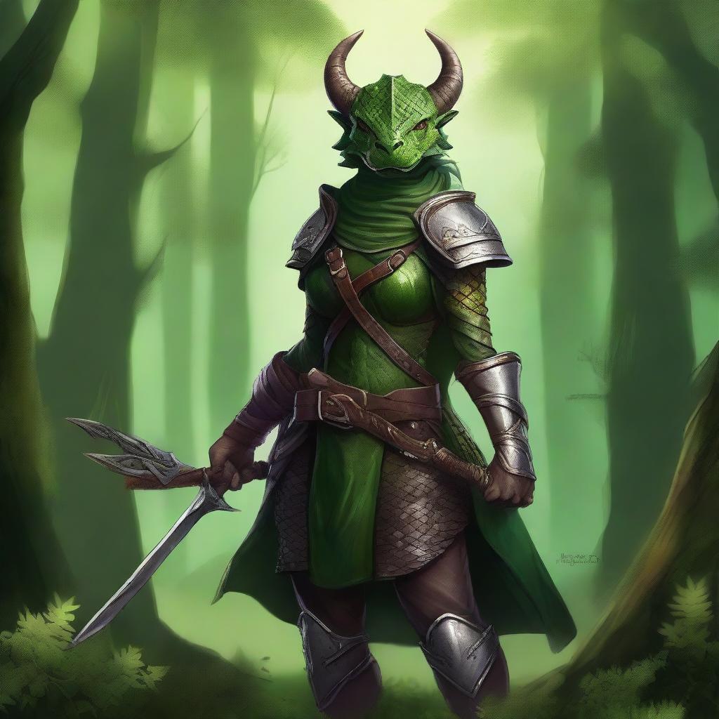 A detailed fantasy illustration of a green female dragonborn ranger