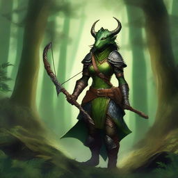 A detailed fantasy illustration of a green female dragonborn ranger