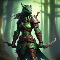 A detailed fantasy illustration of a green female dragonborn ranger