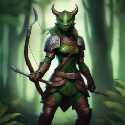 A detailed fantasy illustration of a green female dragonborn ranger