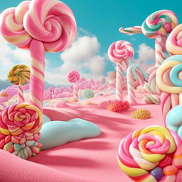 A vibrant, whimsical land made entirely of colorful bubble gum. Pink and turquoise rolling hills, soaring candy cane trees, gummy bear inhabitants, bubble gum blowing flowers, and a sky filled with cotton candy clouds.