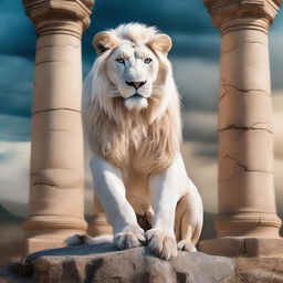 A majestic white lion with piercing blue eyes, posed in a dynamic fighting stance