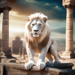 A majestic white lion with piercing blue eyes, posed in a dynamic fighting stance