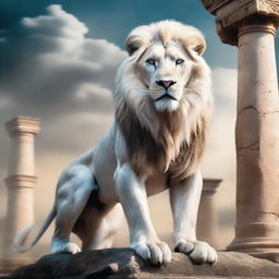 A majestic white lion with piercing blue eyes, posed in a dynamic fighting stance