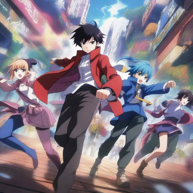 A vibrant and dynamic anime scene featuring characters in an action-packed setting