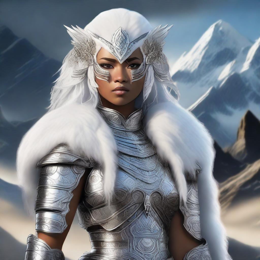 A powerful female leonin with white fur, adorned in intricately designed armor