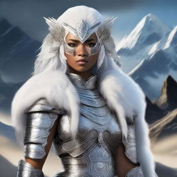 A powerful female leonin with white fur, adorned in intricately designed armor