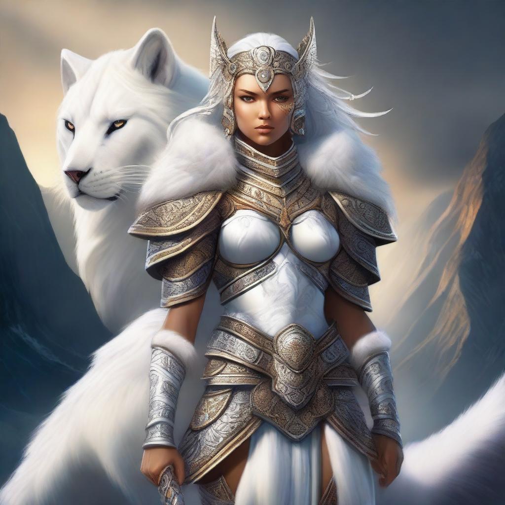 A powerful female leonin with white fur, adorned in intricately designed armor