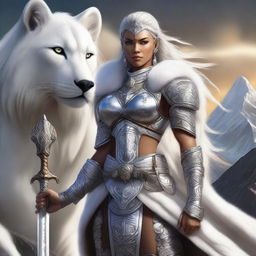 A powerful female leonin with white fur, adorned in intricately designed armor