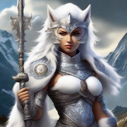 A powerful female leonin with white fur, adorned in intricately designed armor