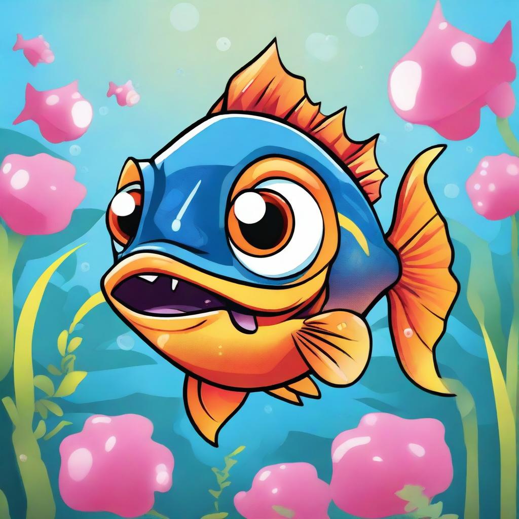 A fun and colorful cartoon illustration of a piranha fish