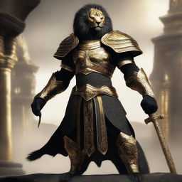 A majestic black leonin warrior adorned in gleaming gold armor, standing proudly with a fierce expression