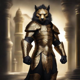 A majestic black leonin warrior adorned in gleaming gold armor, standing proudly with a fierce expression