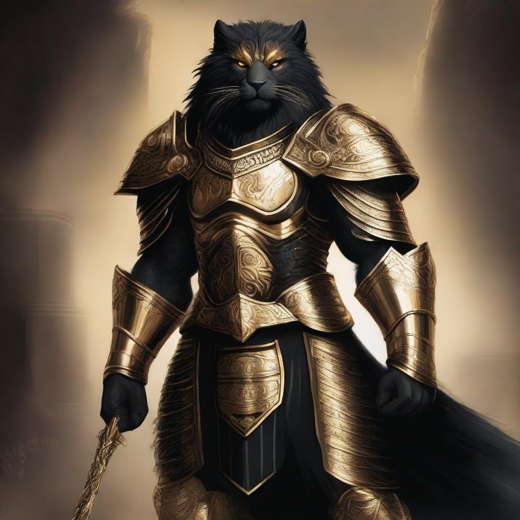 A majestic black leonin warrior adorned in gleaming gold armor, standing proudly with a fierce expression