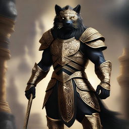 A majestic black leonin warrior adorned in gleaming gold armor, standing proudly with a fierce expression