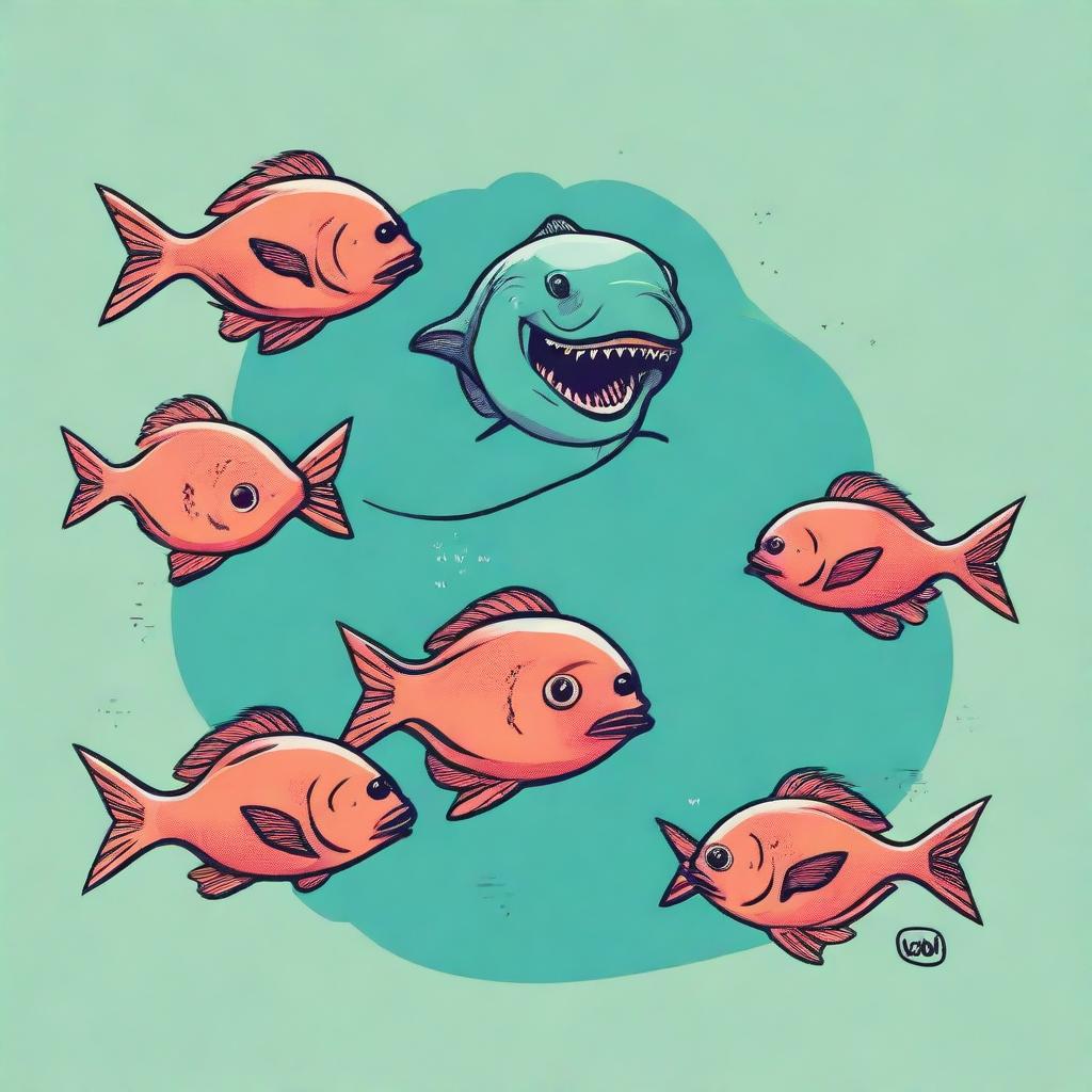 A t-shirt design featuring a family of piranhas