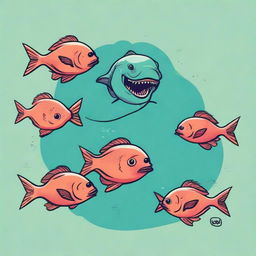 A t-shirt design featuring a family of piranhas