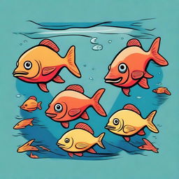 A t-shirt design featuring a family of piranhas