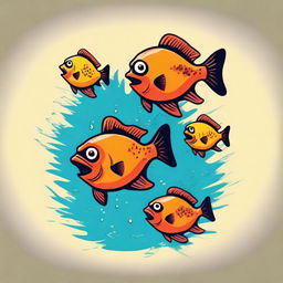 A t-shirt design featuring a family of piranhas