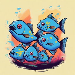 A t-shirt design featuring a family of piranhas