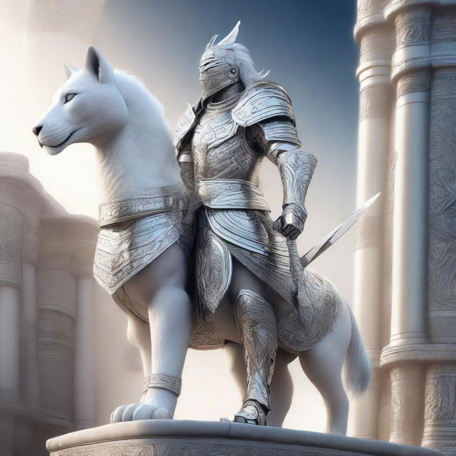 A majestic white leonin warrior clad in shining silver armor