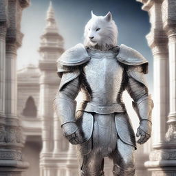 A majestic white leonin warrior clad in shining silver armor