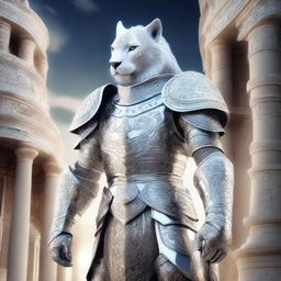 A majestic white leonin warrior clad in shining silver armor